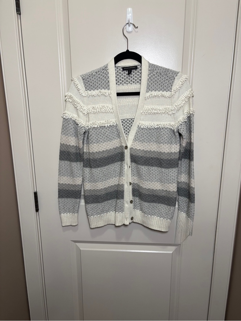 Striped Loopy Fringe Button down Cardigan Sweater - Cream & Gray